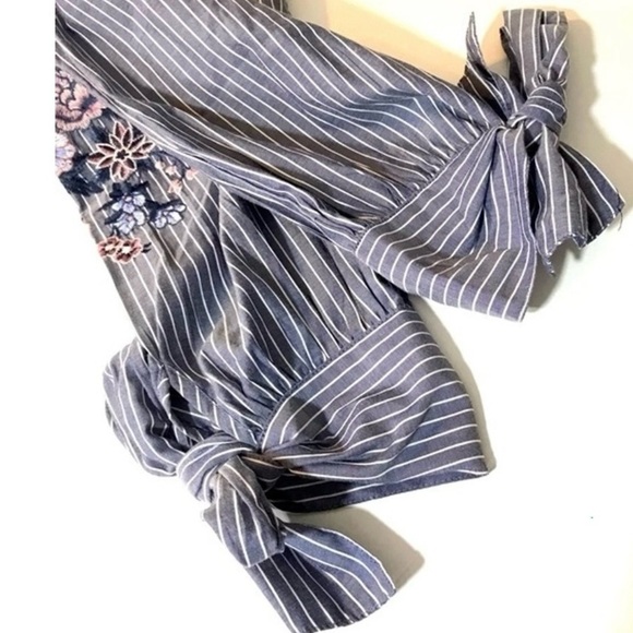 American Eagle Outfitters Striped Embroidered Floral Boho Top - Blue and Pink - Picture 9 of 13